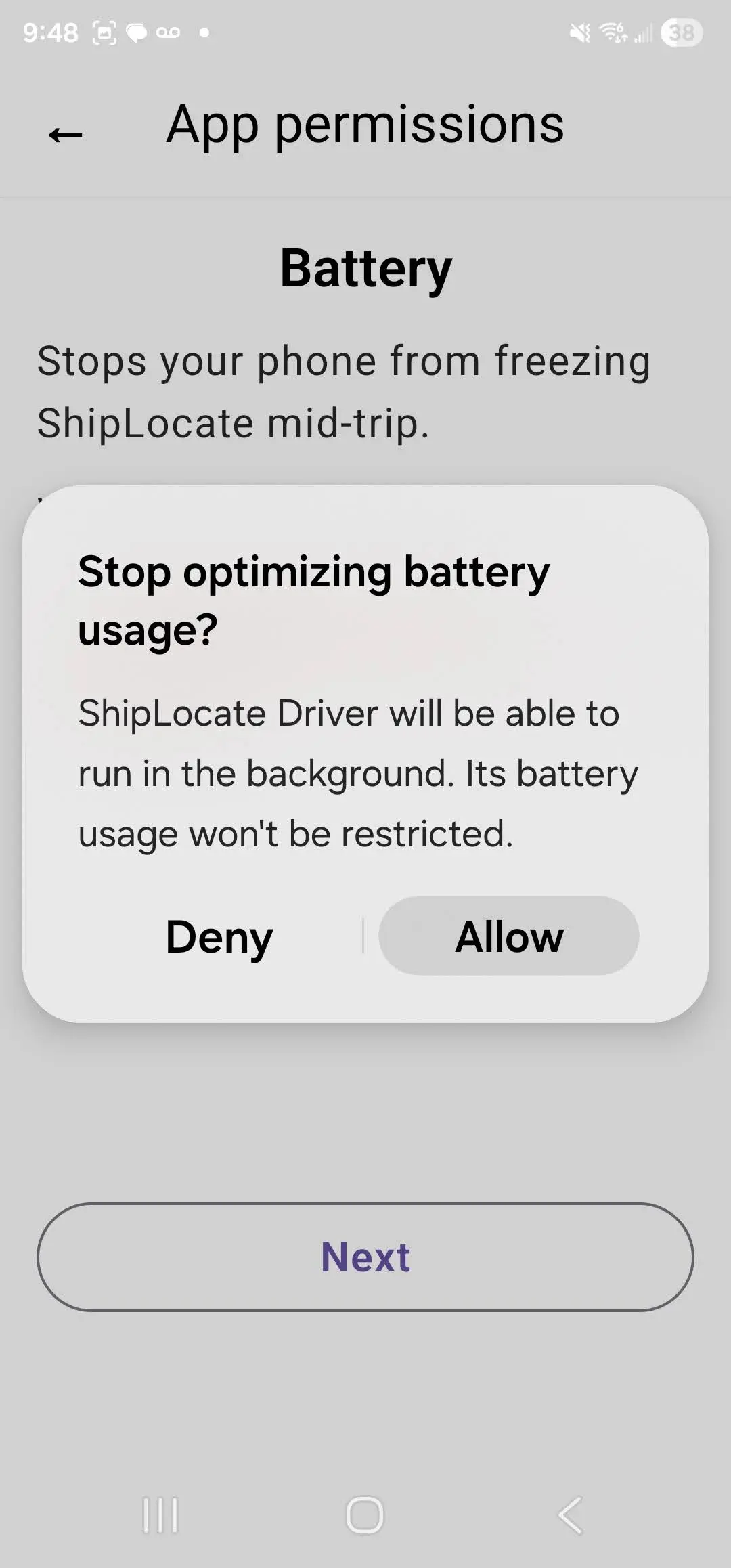 Android battery permission dialog