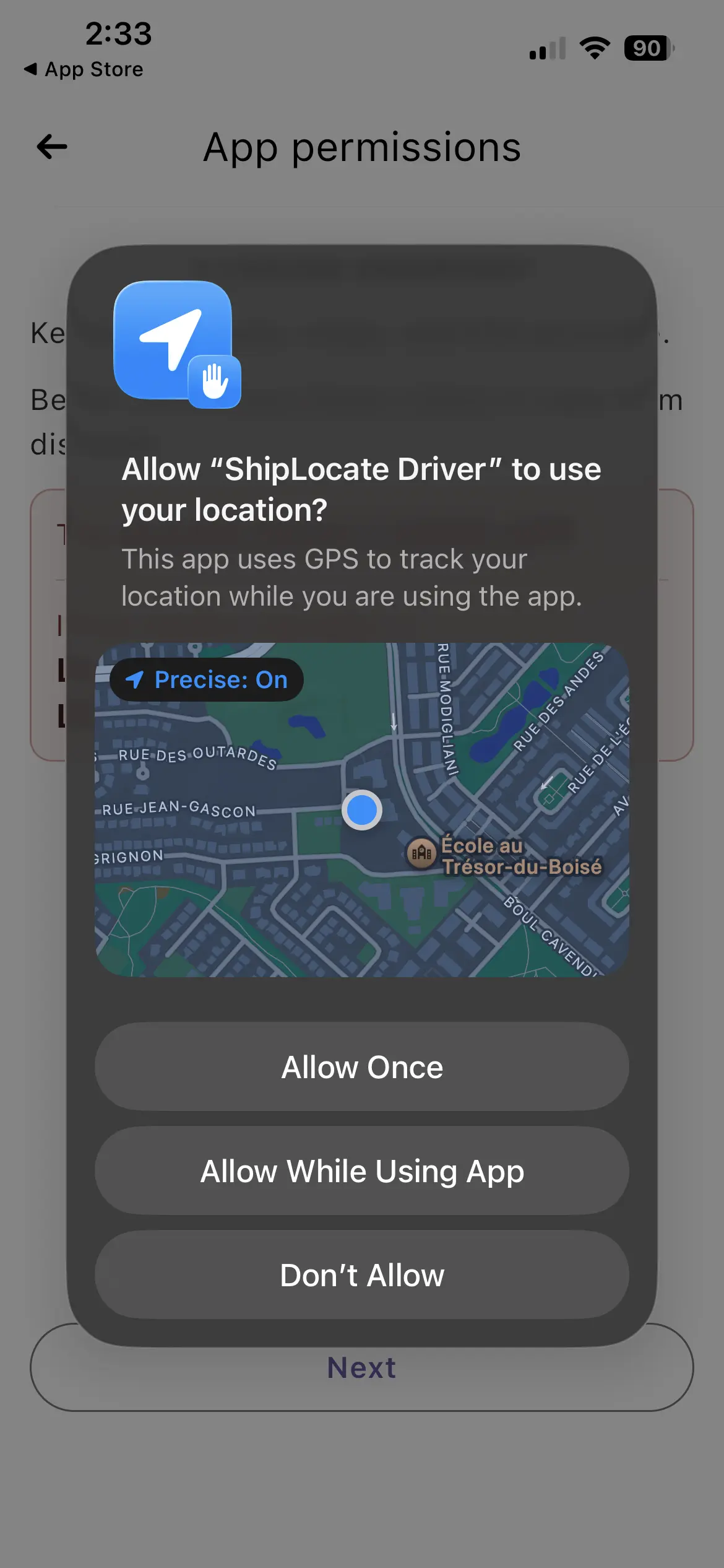 iOS location permission dialog