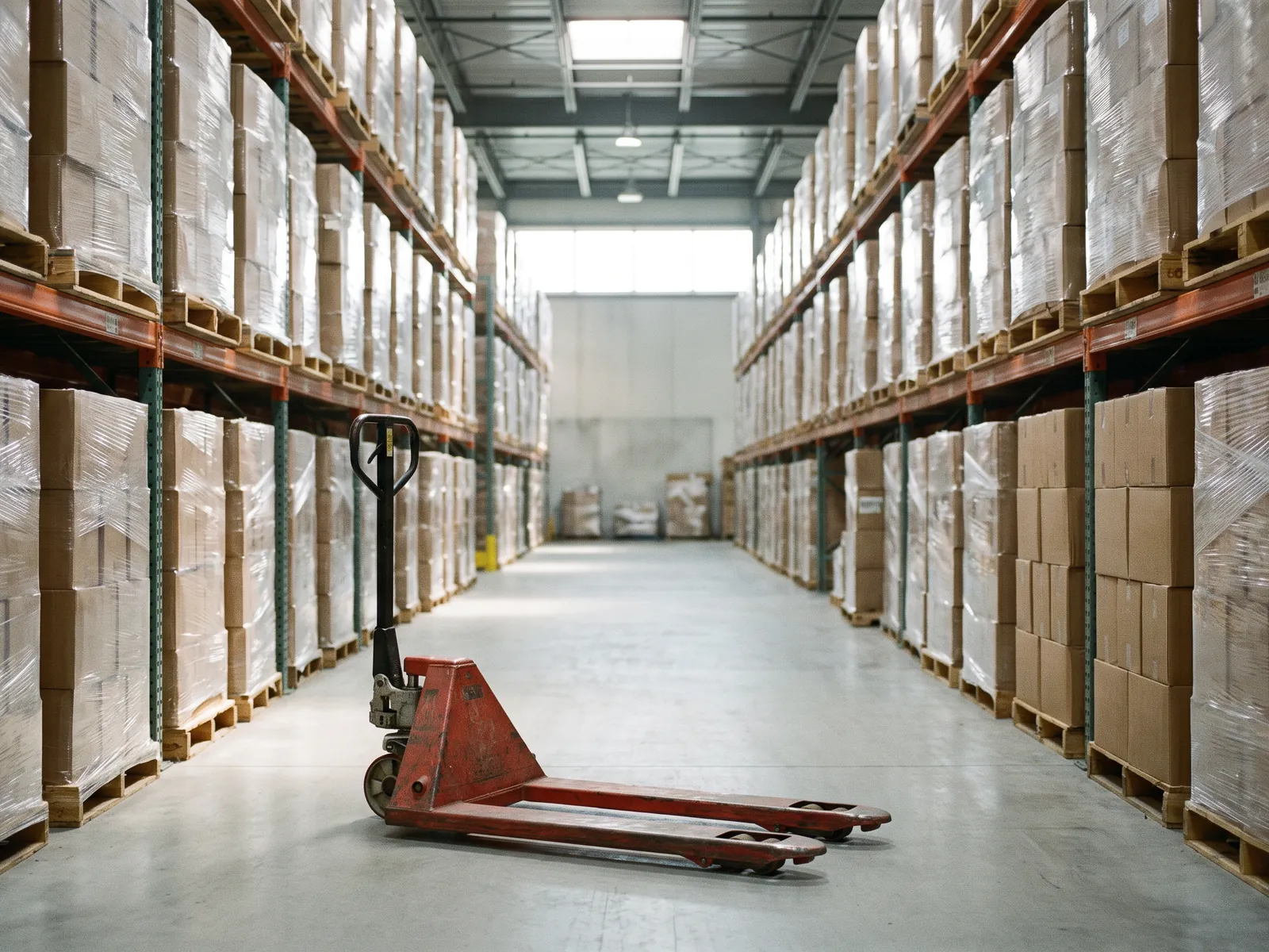 Warehouse aisle with pallet racks holding shrink-wrapped boxed freight and a pallet jack