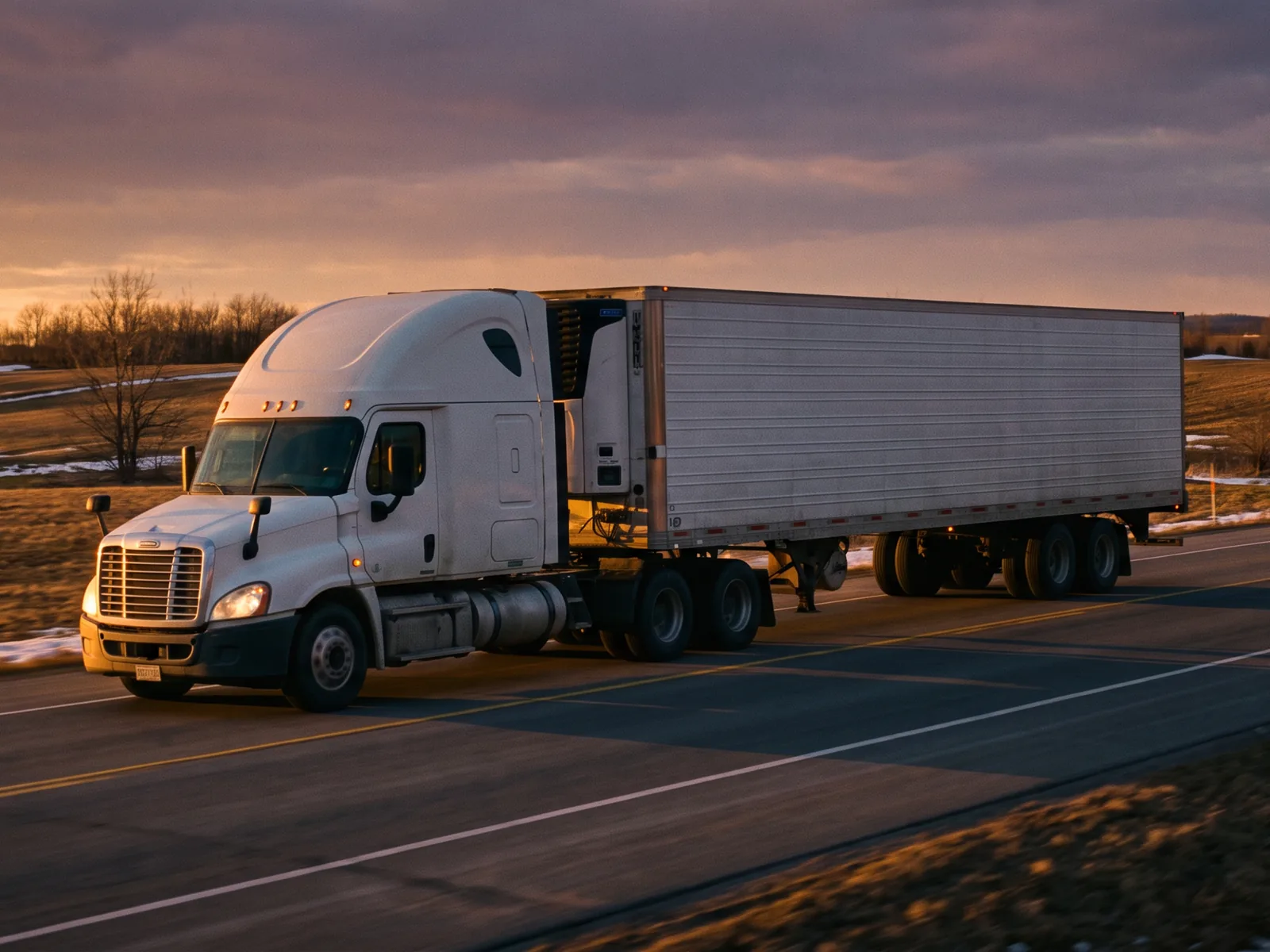 Refrigerated truck on a rural highway at sunset