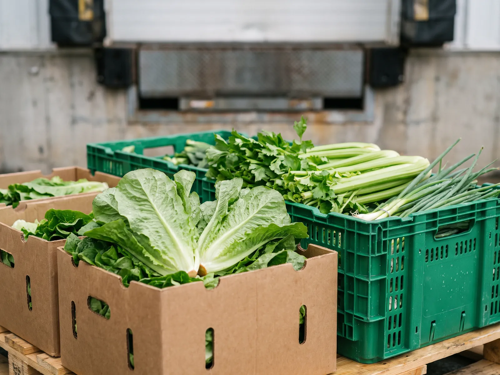Fresh romaine lettuce, celery, and green onions packed in crates and boxes on a pallet at a loading dock