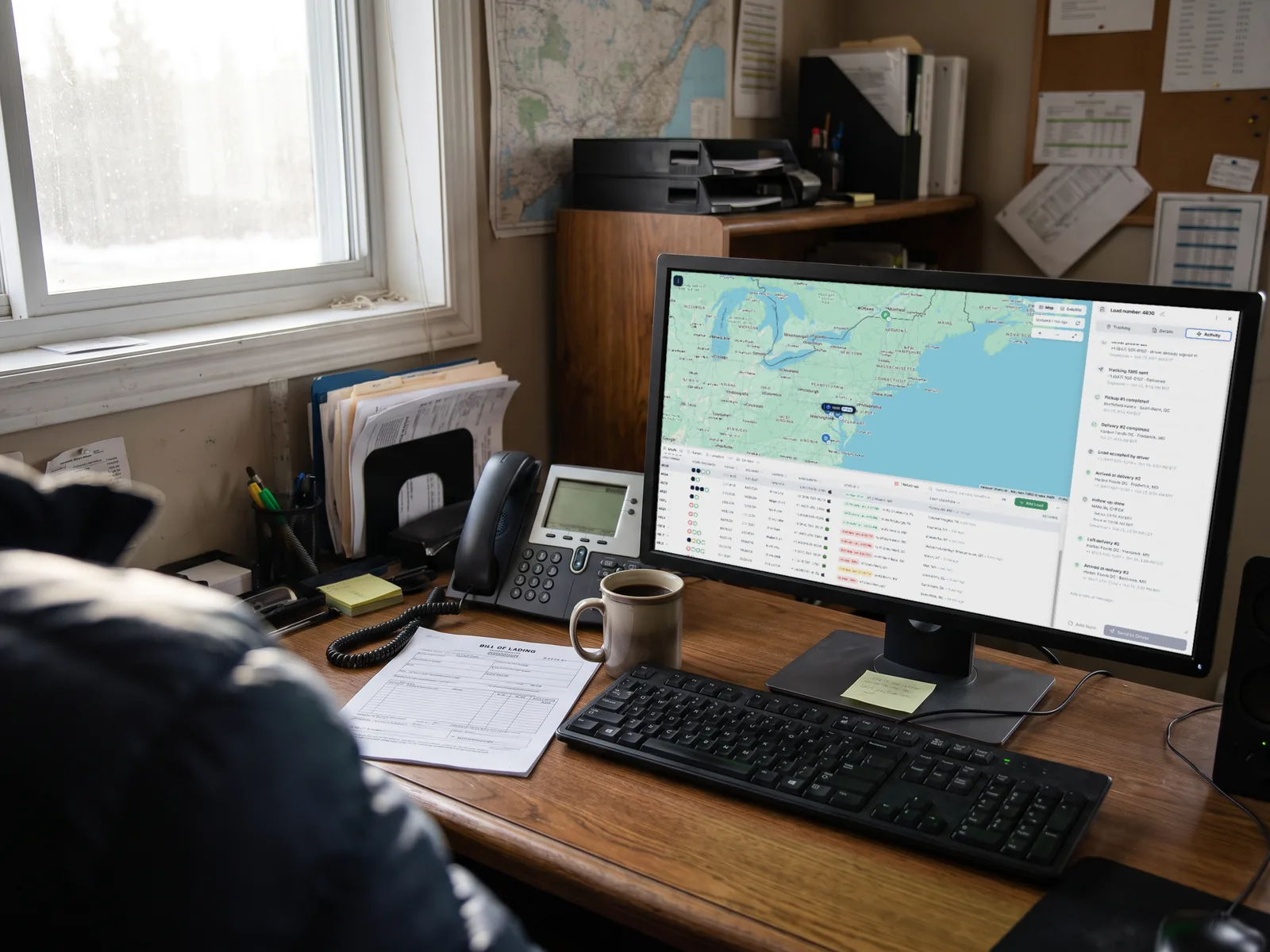 Freight dispatcher desk with a computer monitor showing the ShipLocate live tracking map and load dashboard